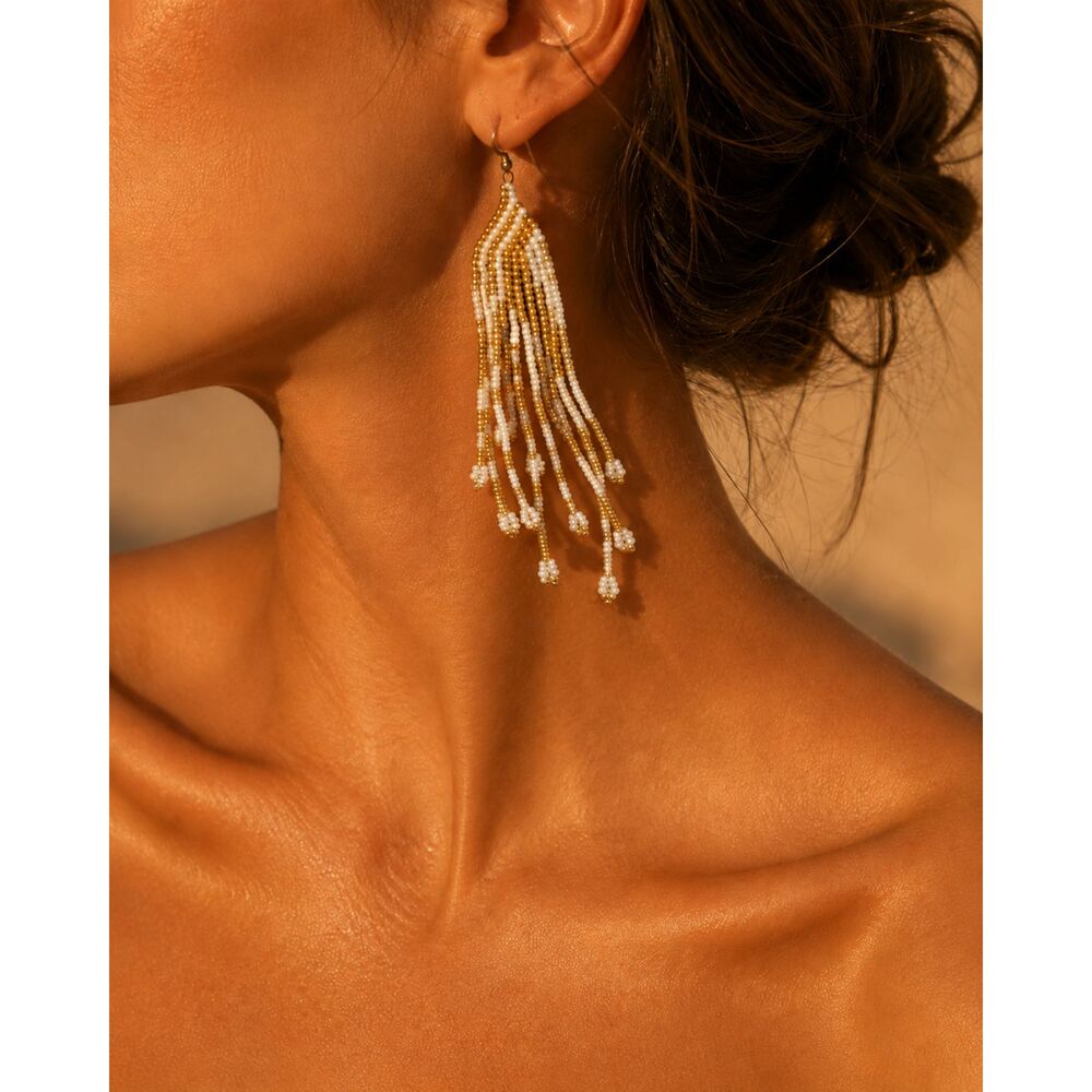 Beaded Fringe Tassel Statement Earrings Gold White Seed Bead Boho Dangle Drop